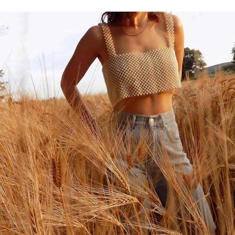 Pearl Beaded‎ Crop Top Corset Lace Up Back Festival Party Bodice Ivory